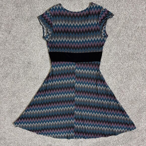 Purple Rain Dress Womens Medium Teal Chevron A-Line V-Neck Made USA 90s Vintage - Picture 2 of 10